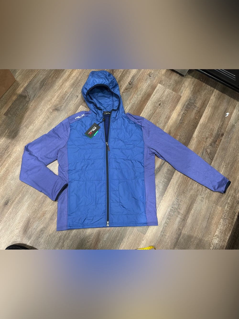 New RLX Ralph Lauren Jacket Blue Hooded Full Zip Golf Insulated Hybrid Mens Sz L